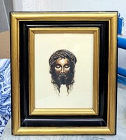 Töviskoronás Krisztus (színezett rézkarc keretben) Jézus-portré, Ternyánszky jelzéssel