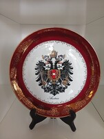 Régi aranyozott nagyméretű osztrák címeres porcelán tál fali  detányér 26 cm