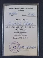 Magyar Népköztársaság Elnöki Tanácsa Igazolvány Mihalik Lajos r. Felszabadulási Jubileumi Emlékérem