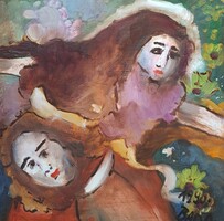 Bada Márta (1951-): Barátnők (olajfestmény kerettel) roma festőnő
