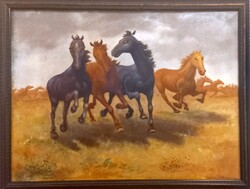 Viski János (1891-1987) : Vágtató lovak 80x60 cm-es vászonkép, új keretben. Céges számla is kérhető.