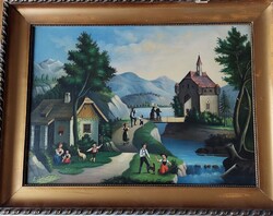 Korabeli biedermeier olajfestmény,életút motívum,1830 körül