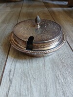 Mesés régi acél üvegbetétes lekvár tartó/kínáló tálka (14,3x7 cm)