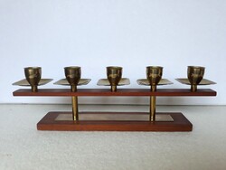 Vintage iparművészeti gyertyatartó réz és teakfa kombinációval, 40 cm