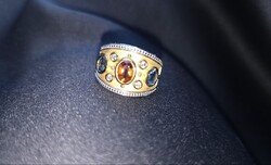 • Csodaszép  citrin, kék és fehér topáz drágaköves gyűrű, 60 as méret, 925/14K aranyozott ○1.9cm
