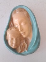 Jelzett art deco kerámia falikép Mária a gyermek Jézussal