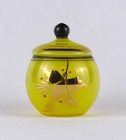 1V829 Retro aranyozott levélmintás, sárga üveg bonbonier 10.3 cm