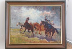 Kolozsváry Endre szép lovas, pusztai életkép festménye 96x76 cm kerettel