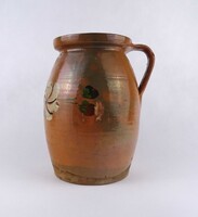 1V851 Régi nagyméretű virágmintás népi cserép egy fülű köcsög 24.7 cm