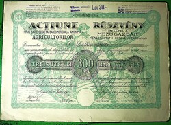 Mezőgazdák Kereskedelmi Rt. részvénye (Arad, 1923, 300 Lei)