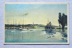 Balaton - móló , hajó  szűcs János grafikus  képeslap