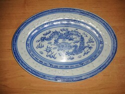 Kínai rizsszemes, sárkányos porcelán ovális tányér, kínáló