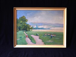 Nagyméretű tájkép,  67x88 cm-es  keretben, olaj farost lemezen, kiváló állapotban