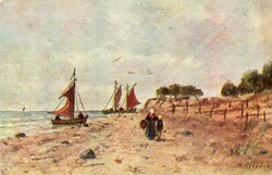 Képeslap: Emberek, hajók.