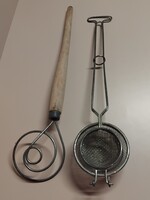 2-db Régi konyhai esközök fa nyelű szedőkanál ritka dupla szűrő egyben