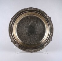 1V737 Antik nagyméretű vastagon ezüstözött, kör alakú lábas tálca 33 cm
