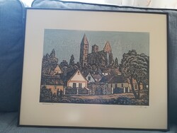 Réti Mátyás Zsámbék ü.alatt,kerettel,  38x48 cm, linó, azonnal falra tehető
