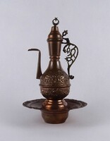 1V809 Régi keleti török vörösréz karaffa kávéfőző hozzá tartozó állvánnyal 24 cm