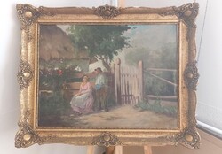 Szignózott falusi életkép festmény 98x76 cm kerettel