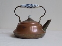 Régi vörösréz sárgaréz réz teáskanna holland kék fehér porcelán fogó fül különleges darab 17 cm