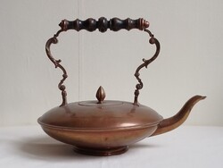 Antik nagyméretű régi vörösréz teáskanna, belül ónozott, esztergált fa fogantyúval 30 cm