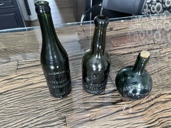 Régi dombornyomott sörös / likőrös üvegpalack szett (3 db) – Zwack Unicum, Mezey, Schönborn-Buchheim