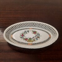 Herendi színes Indiai kosármintás porcelán fonott kosár, ovális kínáló tál