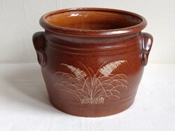 Régi retro nagy német barna mázas kerámia fajansz kőagyag? kaspó füles csupor fazék tároló 23cm
