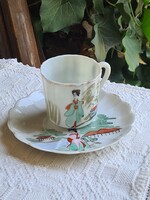 Antik japán porcelán kézzel mokkás festett gésa portrés tájképes csésze + alj