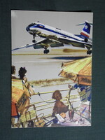 Képeslap,Lengyelország,LOT airlines,Tupolev TU-134 repülőgép,Janusz Grabianski grafikai,1972-