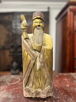 Antik kínai fa faragott szobor, keleti, ázsiai, japán