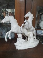 Alt Német,Germany Volkstedt Karl ENS Nagyméretű,Kézi Festett Porcelán Szilaj Ló Páros Figura.25 cm