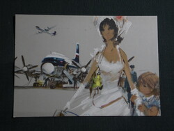 Képeslap,Lengyelország,LOT airlines,Ilyushin IL-18 repülőgép,Janusz Grabianski grafikai,1972-