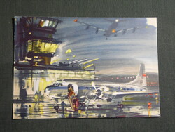 Képeslap,Lengyelország,LOT airlines,Convair-240 repülőgép,Janusz Grabianski grafikai,1972-