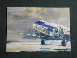 Képeslap,Lengyelország,LOT airlines,Lisunov LI-2 repülőgép,Janusz Grabianski grafikai,1972-