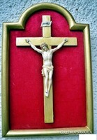 54. Antik CSONT Jézus Krisztus (11 cm), Korpusz, feszület, kereszt 29 cm-es barokk keretben
