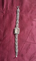 Antik, régi ezüst 925, Japán quartz női karóra, ékszeróra, markazit kövekkel, kb.24x25 mm, működik!
