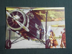 Képeslap,Lengyelország,LOT airlines,PWS-24 repülőgép,Janusz Grabianski grafikai,1972-
