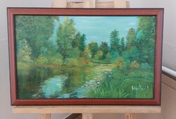 Márton I. szignóval szép tájkép festmény 52x34 cm kerettel