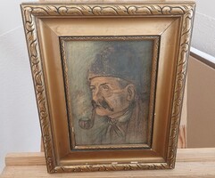 (NBL4) Szignózott pipázóffi festmény festmény 28x36 cm kerettel