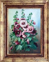 Virágzó emlék – Lírai csendélet Ballonyi Pál Margittól: Mályva virágok, 40x30 cm, olaj, vászon