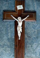 36. Antik, CSONT Jézus Krisztus (15.3 cm), 45 cm impozáns feszület, kereszt, korpusz. Hibátlan állap