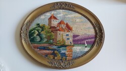 Romantikus ovális kastélyos gobelinkép vitorlással, gyönyörű antik keretben
