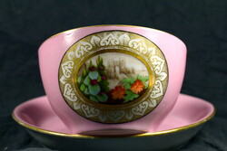 ANTIK BIEDERMEIER PORCELÁN TEÁSCSÉSZE VÁRLÁTKÉPES MEDALION DEKORRAL !