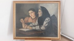 Régi festmény szignózott ( Sz P)  2 nő az asztalnál  90x74 cm kerettel.