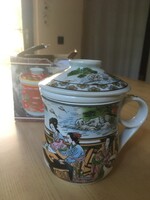 Kínai szűrős teás porcelán csésze gésákkal