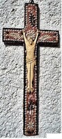 27. Antik CSONT Jézus Krisztus 12 cm, 29 cm kagylókkal kirakott feszületen, kereszt, különleges, imp