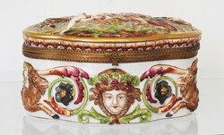 NAPLES CAPODIMONTE PORCELÁN ÉKSZERDOBOZ A 19. sz. ELEJÉRŐL, JELZETT, HIBÁTLAN, EREDETI!