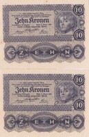 10  Korona 1922  Ausztria 2 db Sorszámkövető