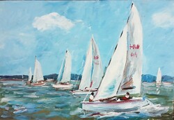 Festmény (02/13) - BÁNFI : VITORLÁSOK A  BALATONON  (olaj, karton, 50x35  cm)